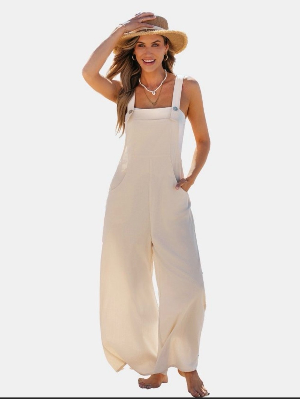 CUPSHE Ivory 100% Cotton Cotton Wide Leg Bib Overalls S